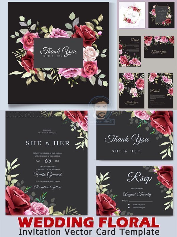 Wedding Floral Invitation Vector Card Template