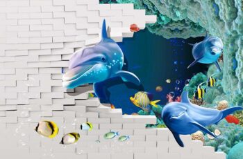 3D Dolphins At The Ruined PSD Wall Background