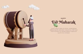 Eid Mubarak banner template with 3d character and drum in brown suits Premium Psd