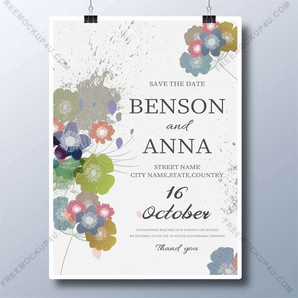 Blue Gray Retro Watercolor Floral Wedding Invitation Template