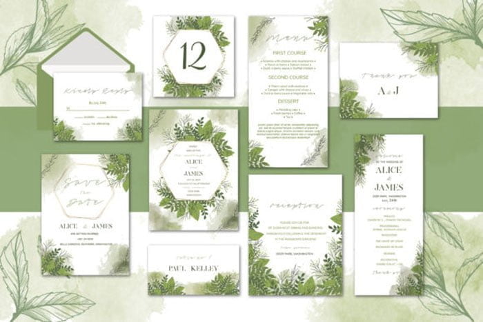 Green Floral Wedding Invitation Set