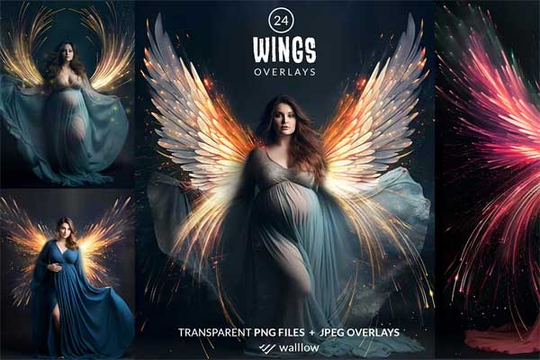24 Angel Wings PNG Overlays for Maternity
