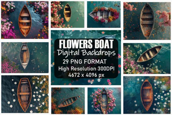 Rustic Wooden Boat with Flowers Backdrop
