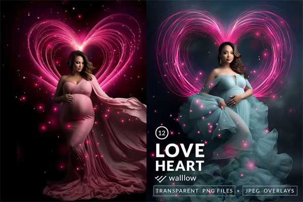 Glowing Heart Shaped Lights Digital PNG Overlays