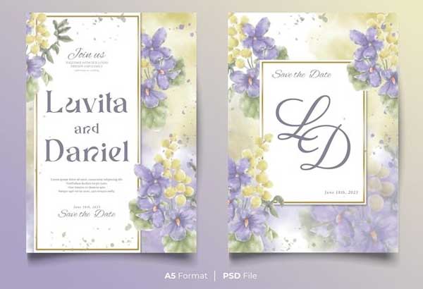 Blue & Yellow Flower Ornament Watercolor Wedding Invitation Template