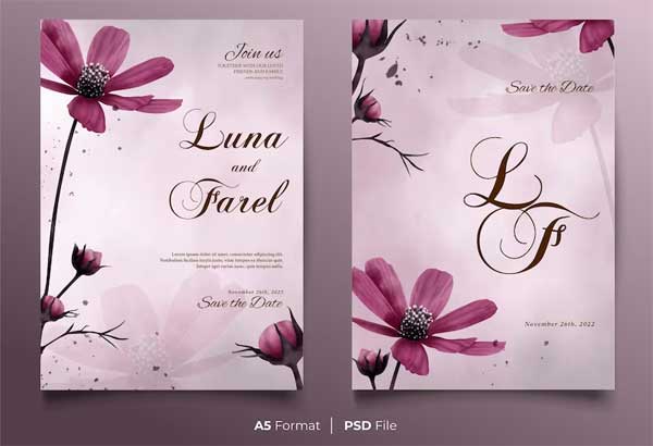 Luxury Watercolor Wedding Invitation With Red Flower