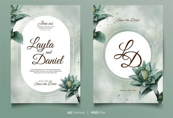 Watercolor Wedding Invitation Template With Green Flower